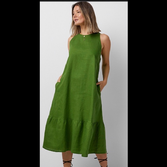 United Colors of Benetton Pure Linen Ruffled Meadow Black Dress Size S